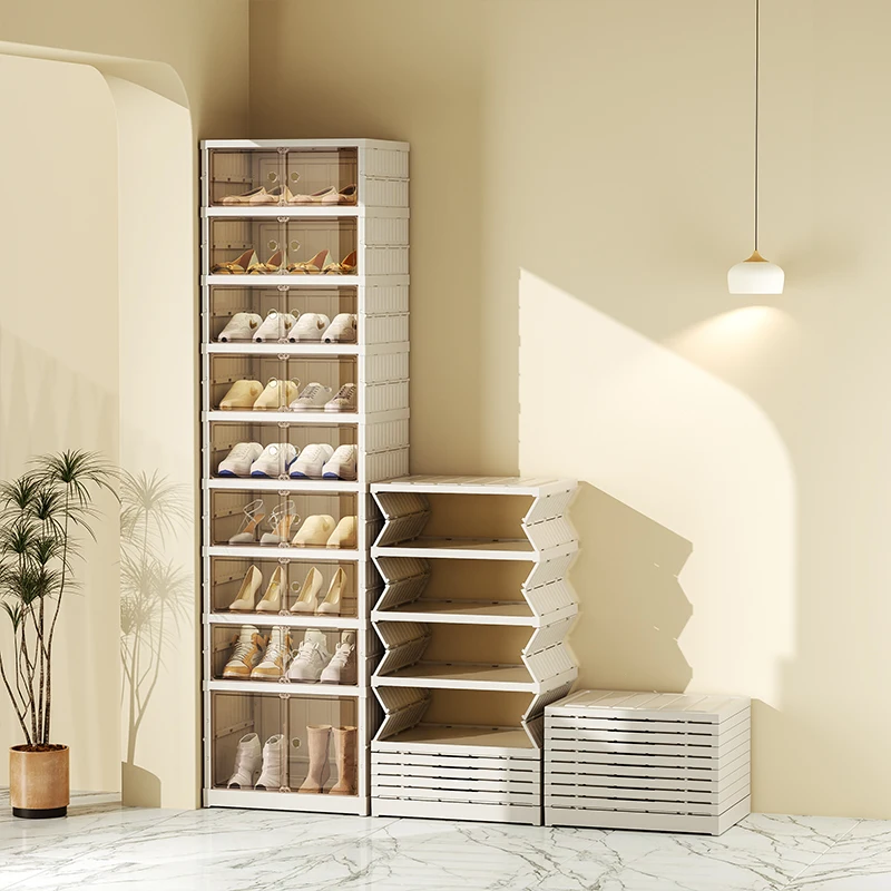 Modern Luxury Design Transparent Folding Shoe Storage Box Plastic Collapsible  Shoe Racks Cabinet Organizer with Doors