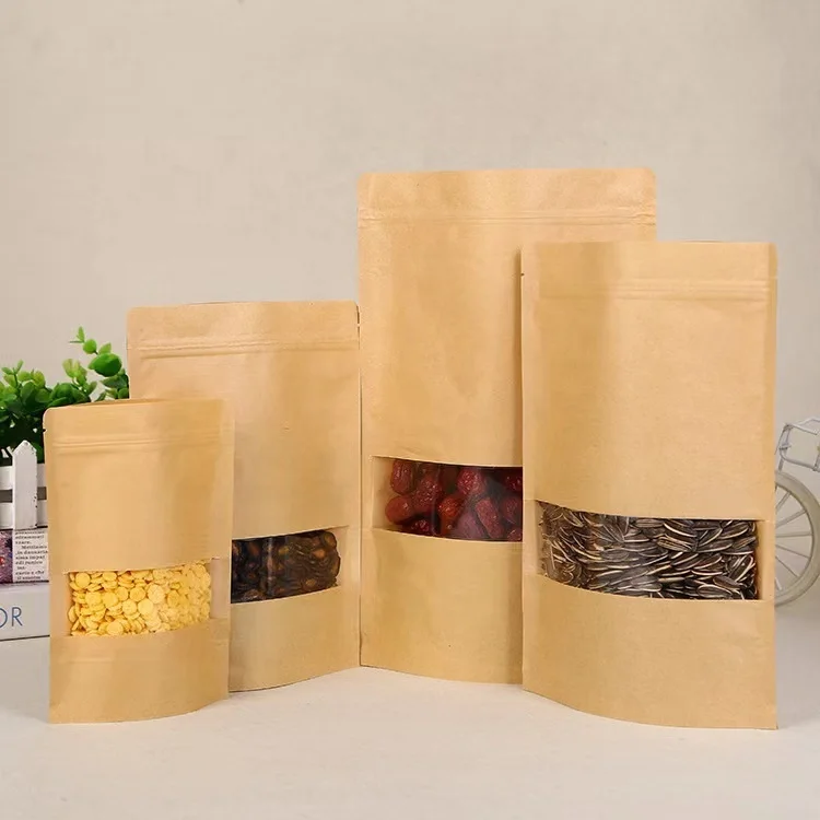 Cheap Price Reusable Food Packaging Pouch Stand Up Zip Lock Kraft Paper Zipper Rice Bags With Clear Window
