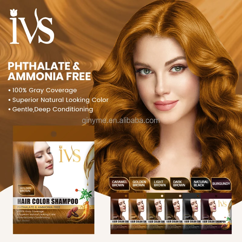 IVS 25ml*10 Bag Sachet Herbal Bubble Ammonia Free Golden Brown Ginseng Black Color Hair Shampoo Hair Dyes Wholesale