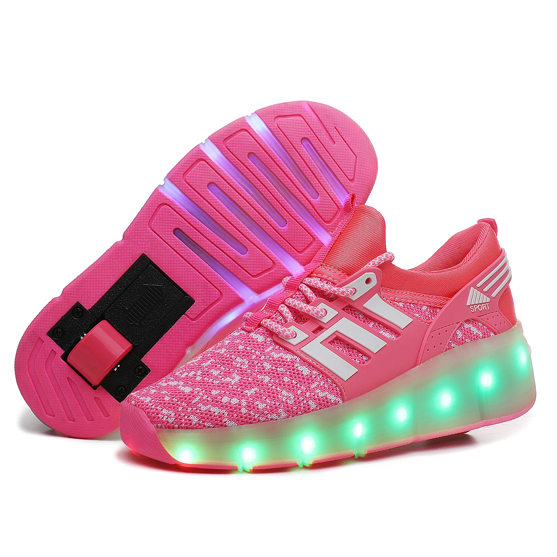 Wholesale Kids Sneakers Children Baby Girls Boys Letter pu Led Luminous Sport Light roller shoe ice skates  A904