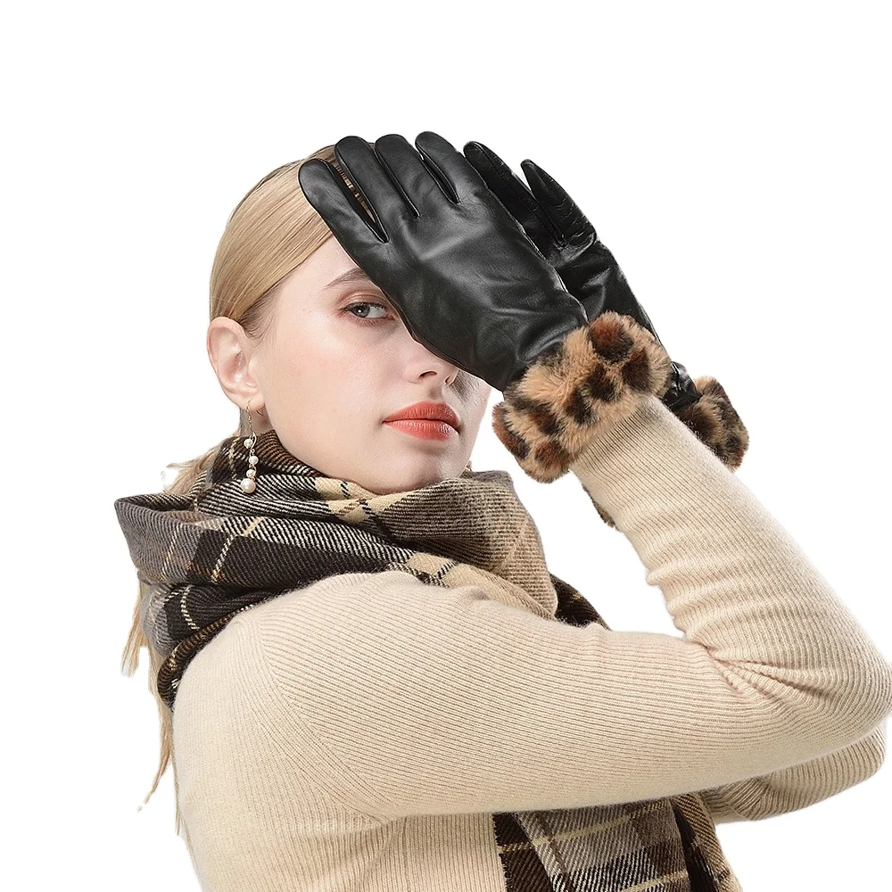 2022 модные горячие продажи женские зимние теплые кожаные перчатки с меховой отделкой сенсорный экран для телефона от китайского завода