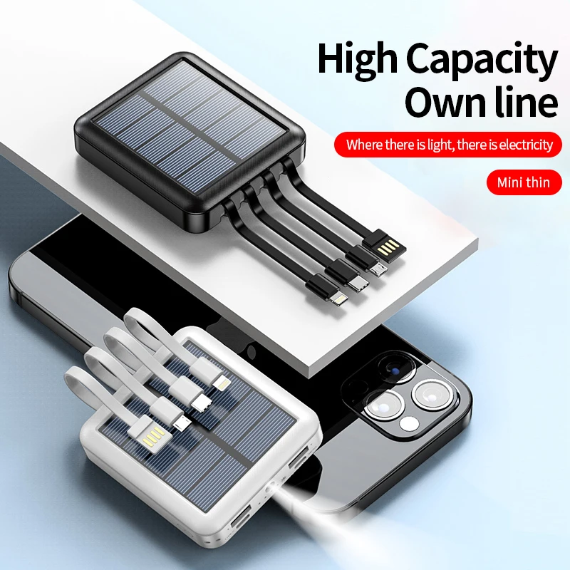 Hot Sale Solar Power Bank 10000mAh Power Banks energy with LED light Portable Powerbank Built in 3 Cables