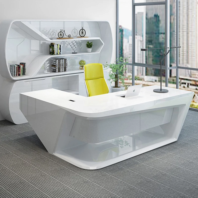 L shape curved  manager boss customized size luxury modern office table with solid surface material