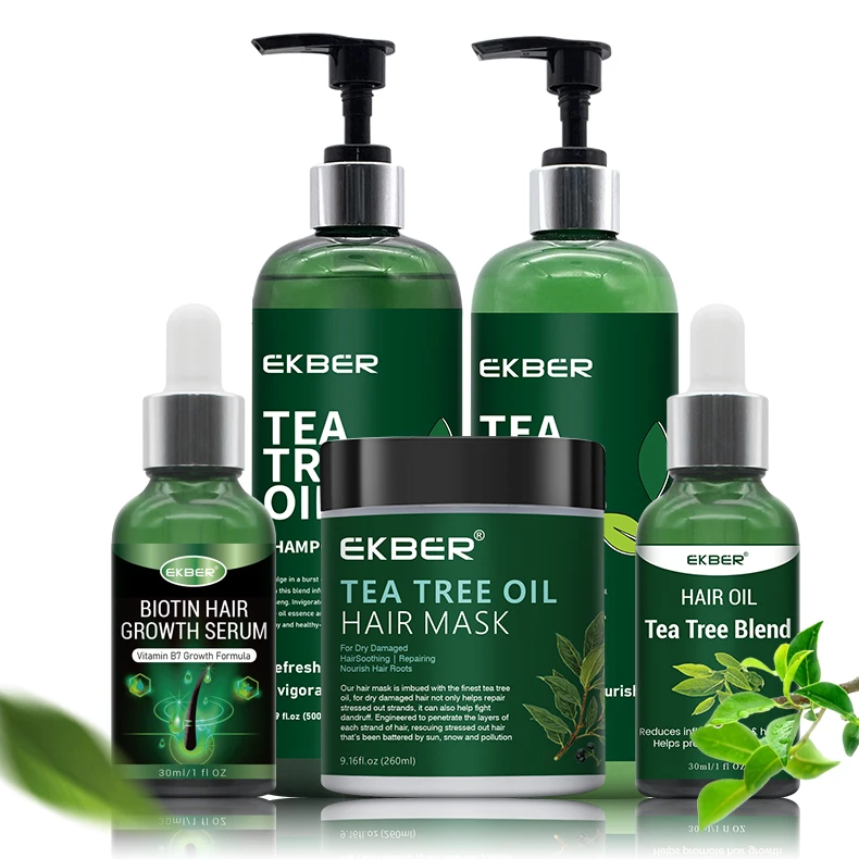 Hot Selling Ekber Tea Tree Hair Care Set Nourishing Health Vegan Hair Mask Shampoo Conditioner Oil Set Organic