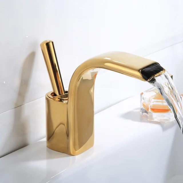 Bathroom Sink Taps Waterfall Basin Mixer One Handle Lever Gold One Hole Mount Lavatory Faucets torneira misturadora banheiro