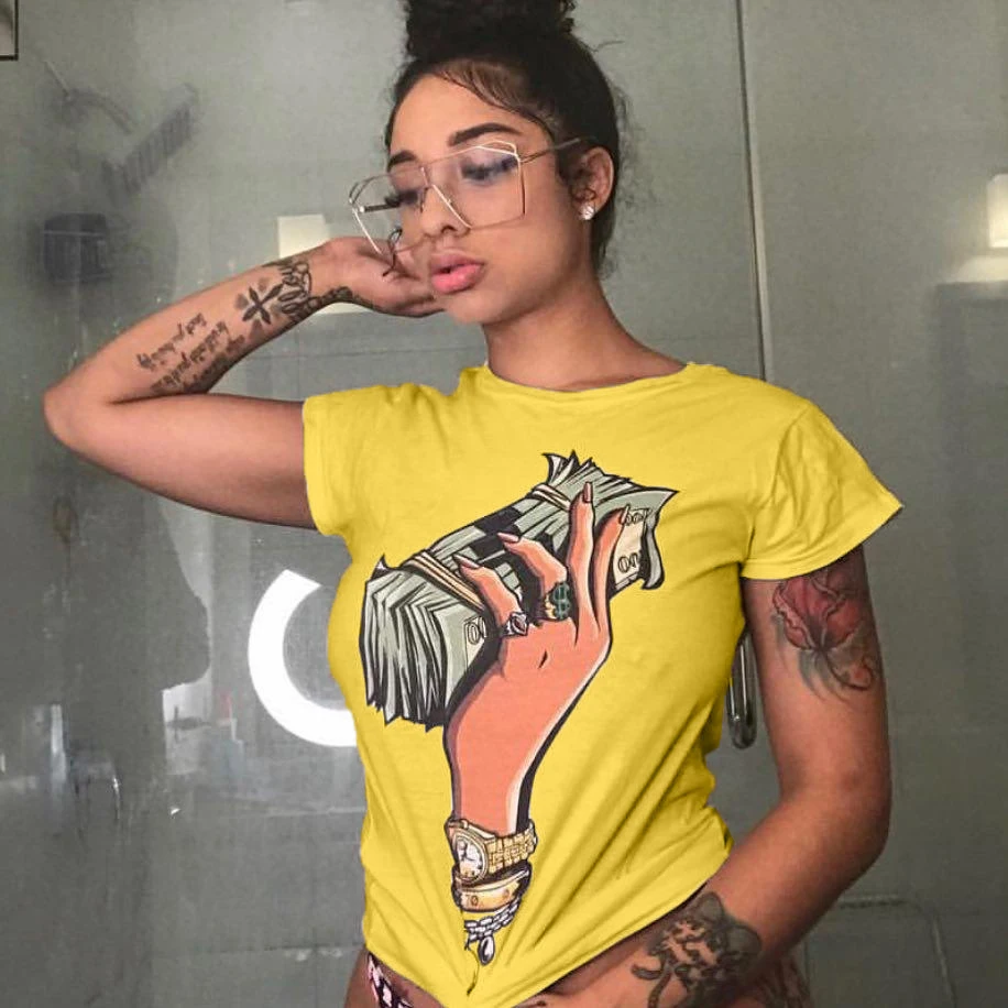 
LDS3009 2019 new Fashion simple round collar US dollar print short sleeve T-shirt 