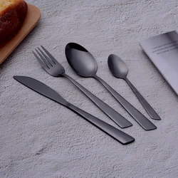 High quality Modern 16 Pieces Utensils Cutlery Forks Spoons Restaurant Mirror Polished Stainless Steel Black Flatware