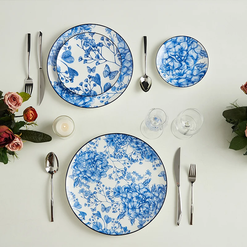 Синий дизайн, керамические обеденные тарелки, домашняя посуда, фарфоровые наборы тарелок