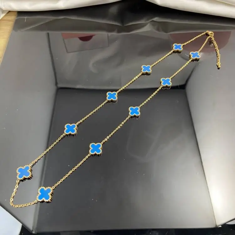 10pcs Gold Plated Charm Stainless Steel Lucky Four Leaf Clover Long Necklace for Women