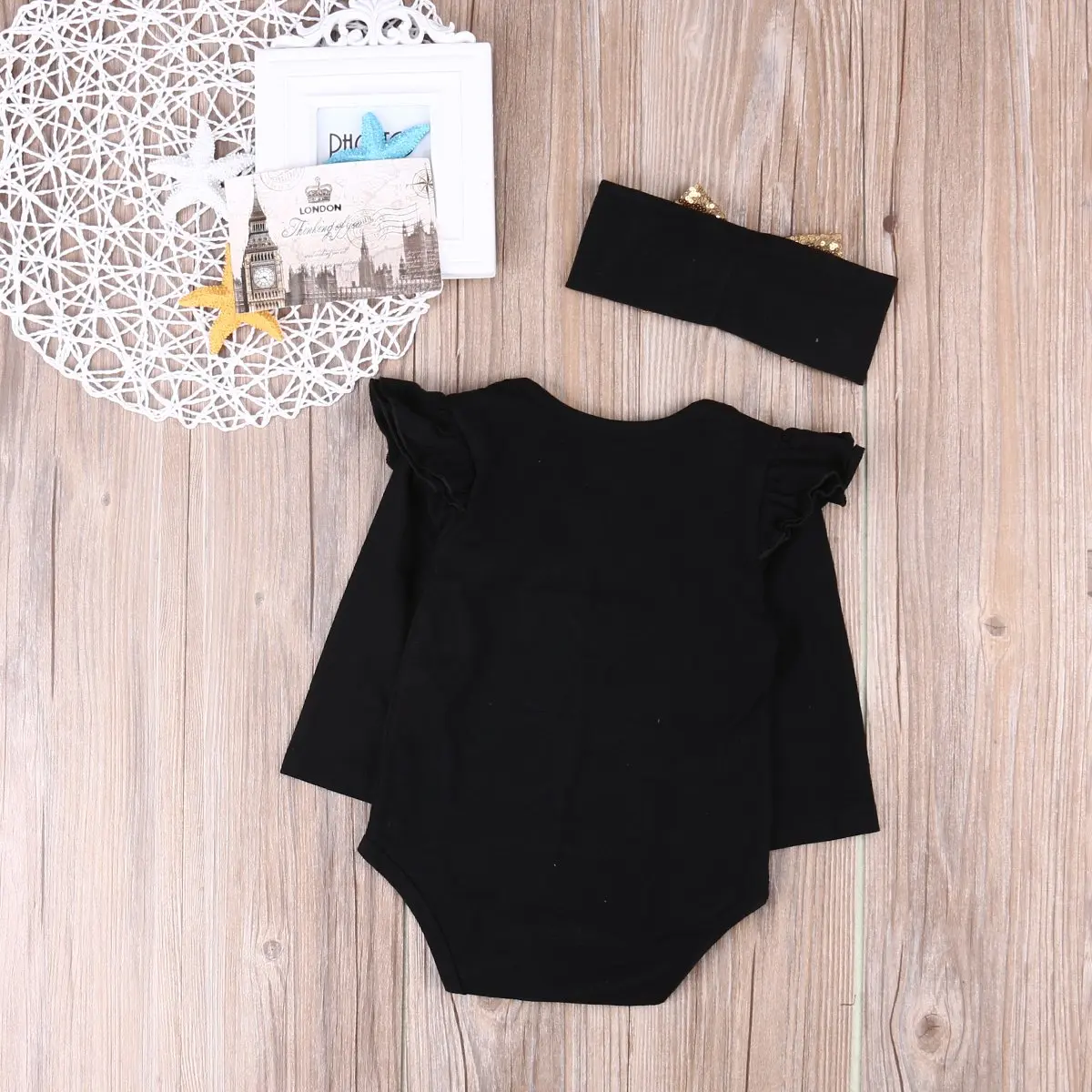 
Hot sale 3 month baby girl rompers ruffle long sleeve Bestie gold foil printing girls romper and headband 2 pcs 