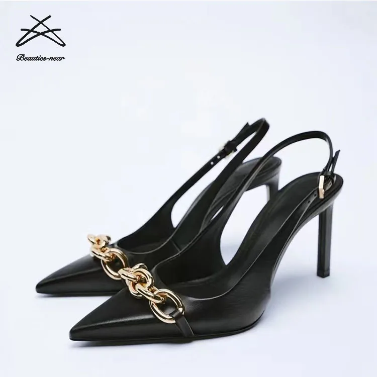 ZAR* Brand Spring New Black PU Women Official Dress Shoes Pointed Toe Metal Chain Lady High Heel Pumps Slingbacks Shoes