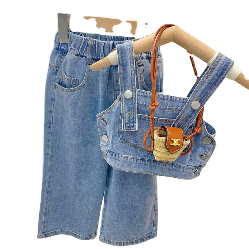 New fashion 2Pcs girls clothing set sleeveless denim vest top  +loose jeans pants 2 pcs sport outfits for girls