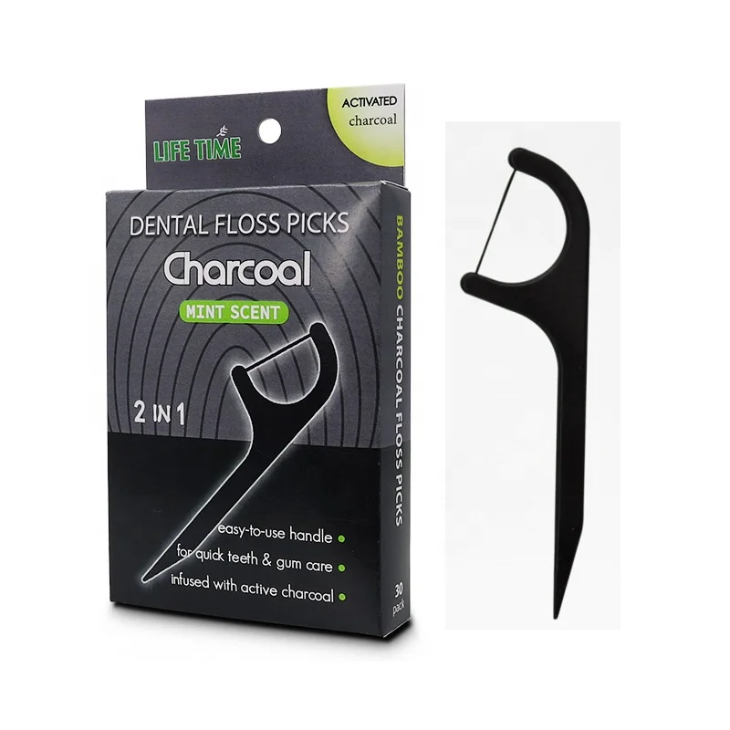 Factory customization 2 in1 function organic eco paper box packaging activated charcoal dental floss pick stick