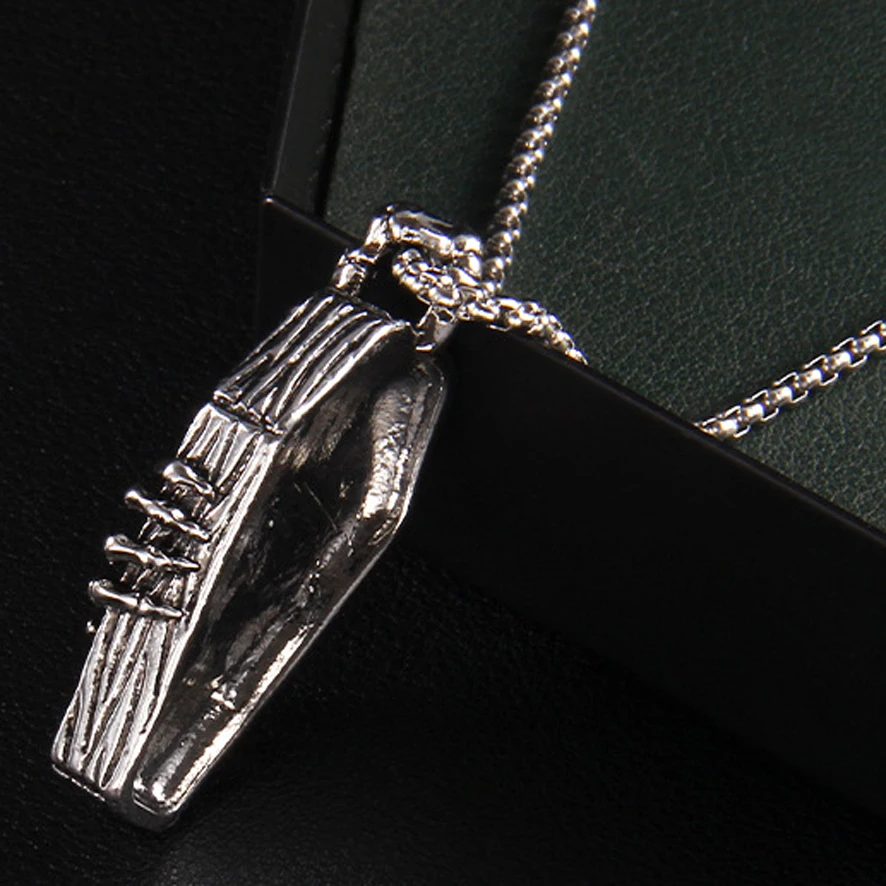 Heavy metal punk style coffin skeleton stainless steel necklace for men hip-hop skull face strong stainless steel chain