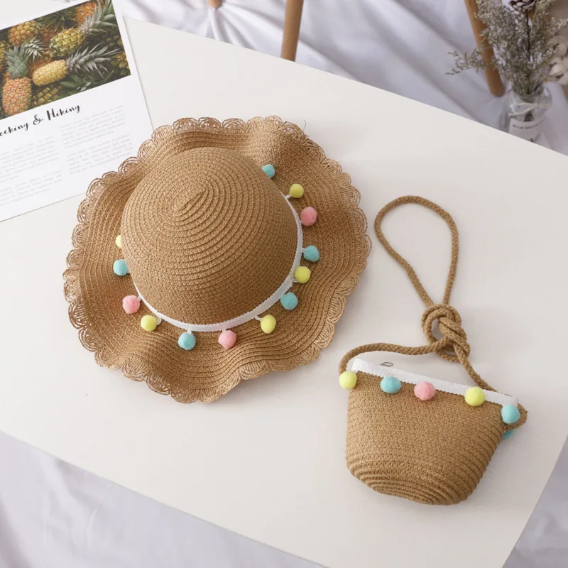 Children wholesale beach summer kids unisex paper straw hat and bag set