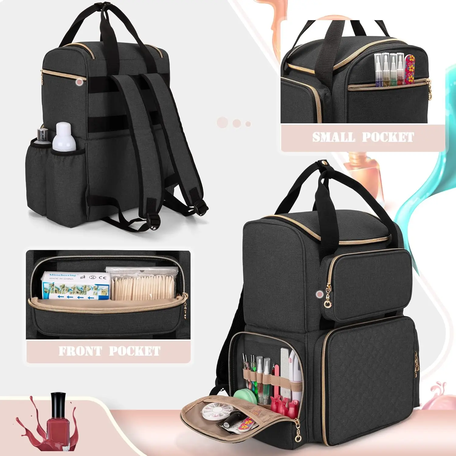 2023 New Arrival Travel Nail Polish Bag with 2 Removable Cases and Tools Storage Pockets Nail Polish Organizer (Backpack Version