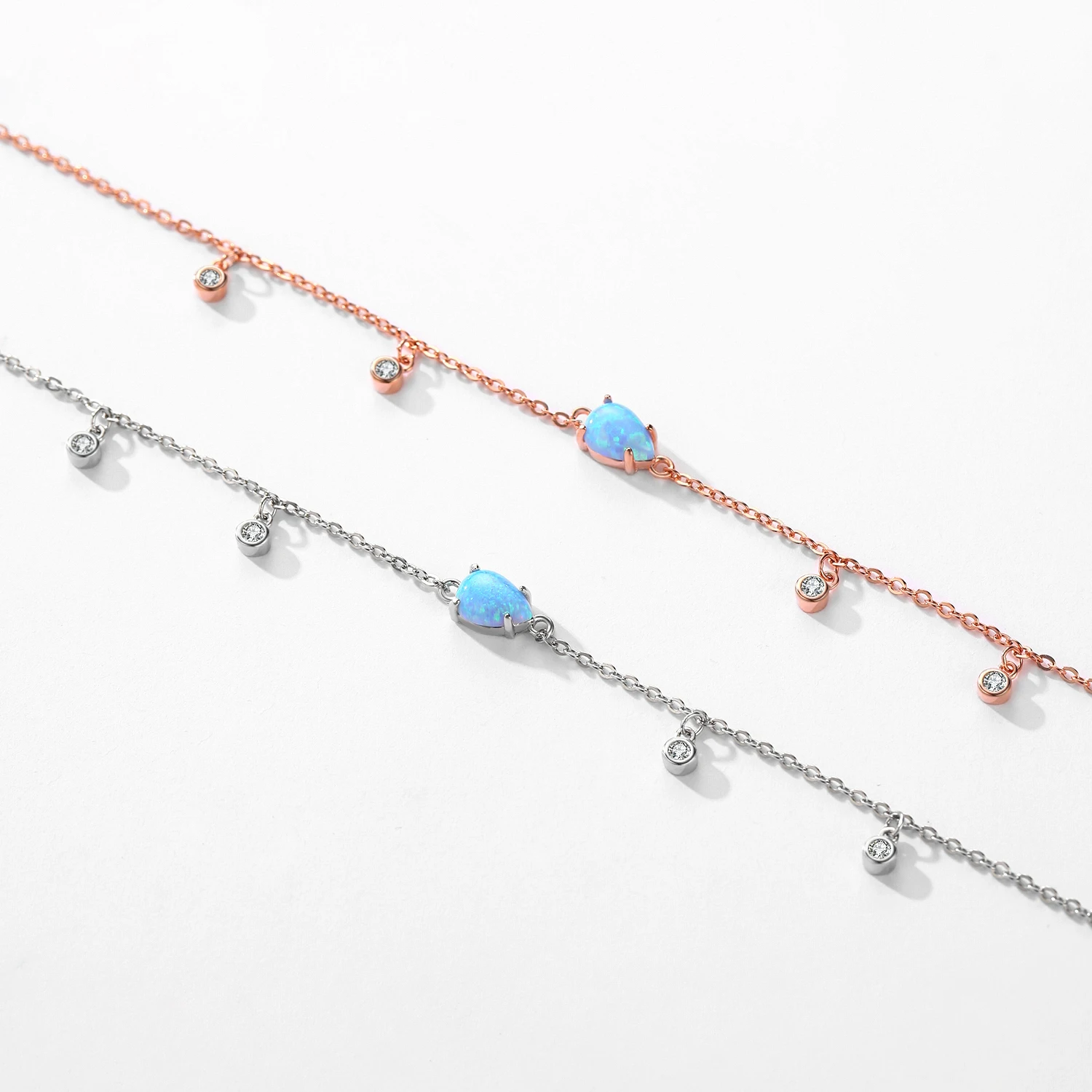 Blue Opal Link Chain Bracelet 925 Sterling Silver Delicate Charm Water Drop Adjustable Charm Bracelet Fine Jewelry