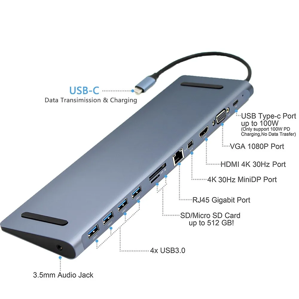  12 в 1 док-станция Type C к HD 4K USB Power Delivery концентратор для ноутбука Macbook Pro HP DELL Lenovo Samsung