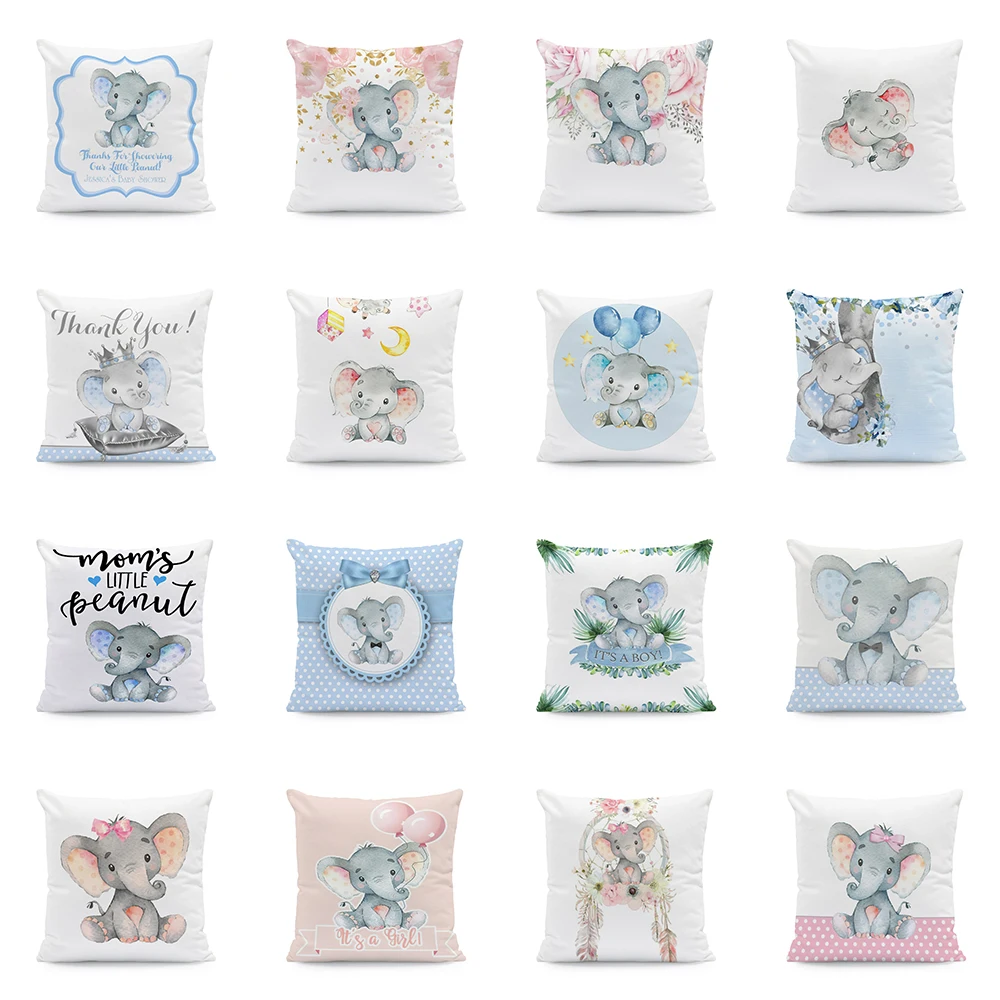 Eco Friendly Pillows Cases Cute Elephant Photo Sky Blue White 45X45Cm Velvet Cushions Covers Decorative Living Room For Kid