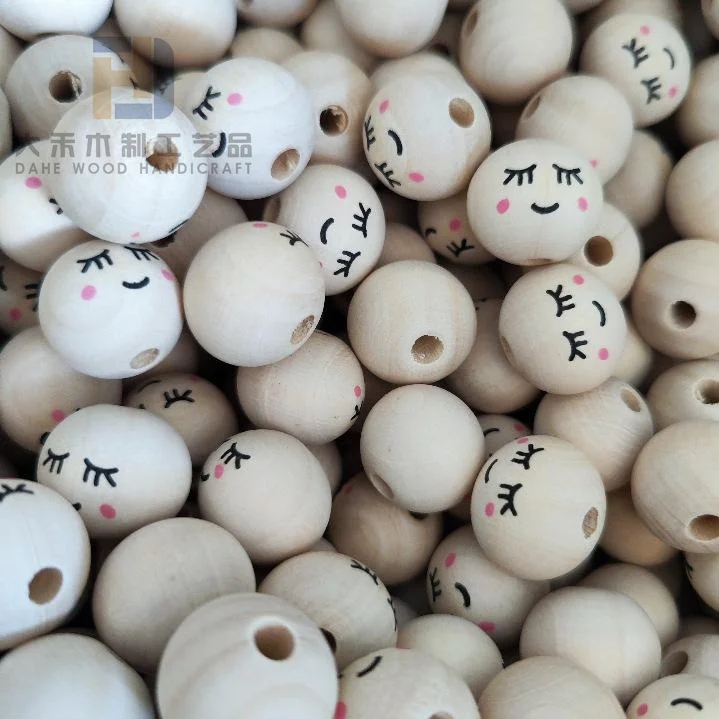 Printed 20mm Smiling Face Ball Wooden Beads Custom Smile Wood Beads with Smiley Face for DIY Bracelet Necklace Making