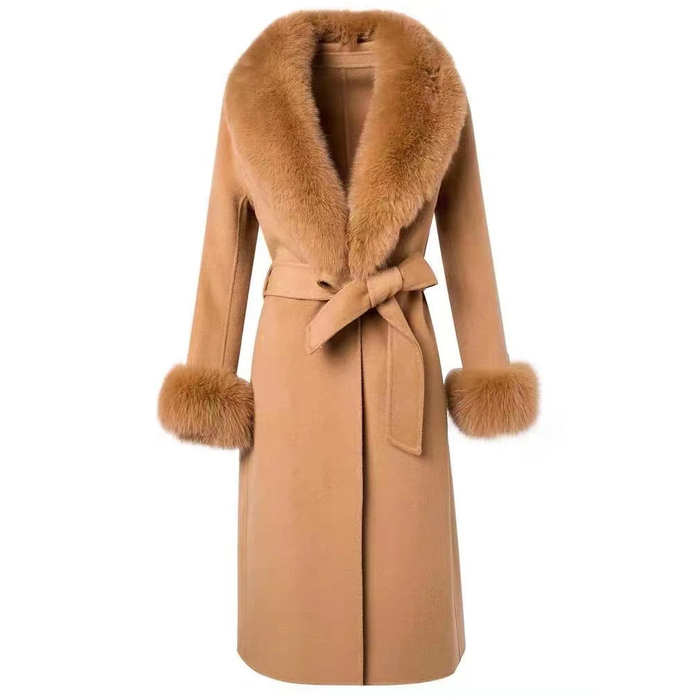 Good quality wholesale custom ladies winter luxury cashmere coat women fox fur collar korean clothes wool coat