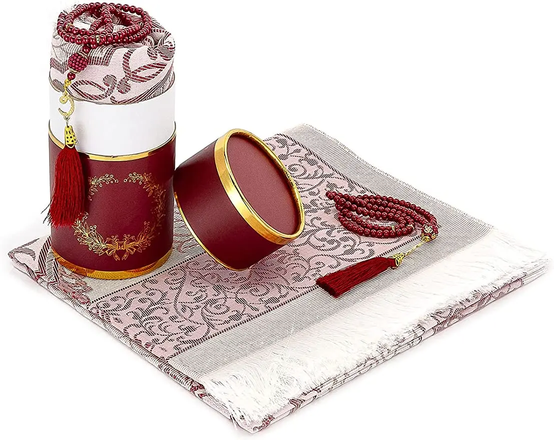 Islamic Gifts Set Muslim Prayer Rug and Prayer Beads with Elegant Cylinder Gift Box Sejadah Soft Islamic Prayer Rug