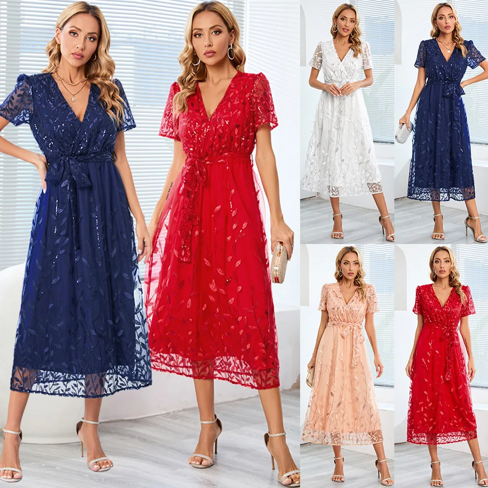 Embroidery Sequin White Dress Women Summer Short Sleeve Mesh Dress Ladies Elegant Fashion Bandage Slim Party Prom Dress