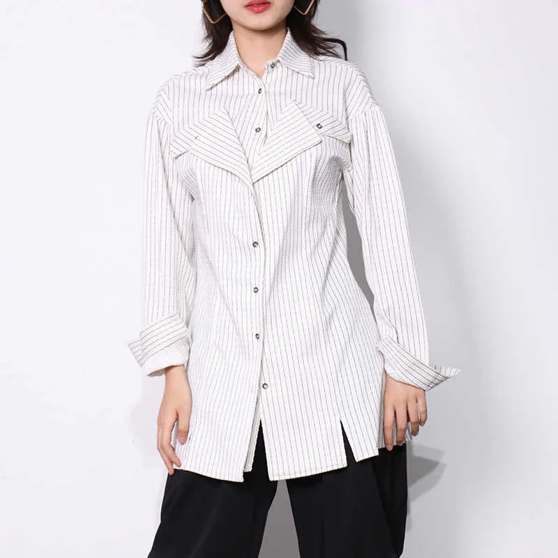 TWOTWINSTYLE Lapel Long Sleeve Patchwork Striped Single Breasted Ladies Women Tops Elegant Blouses