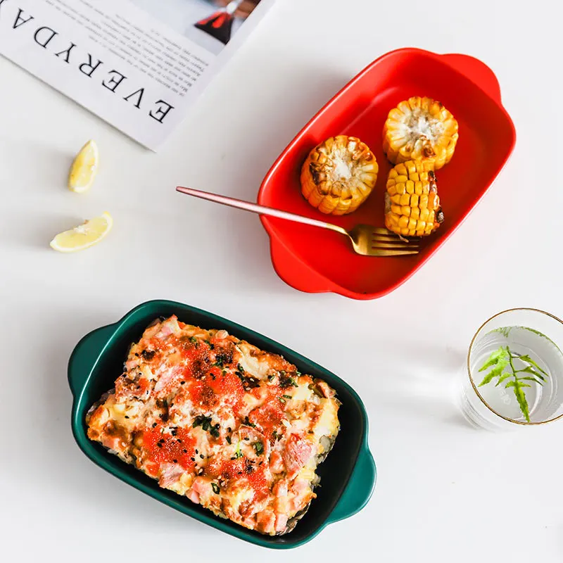 Factory direct supply Nordic ceramic plate with handle cheese baked rice tray baking tray oven household