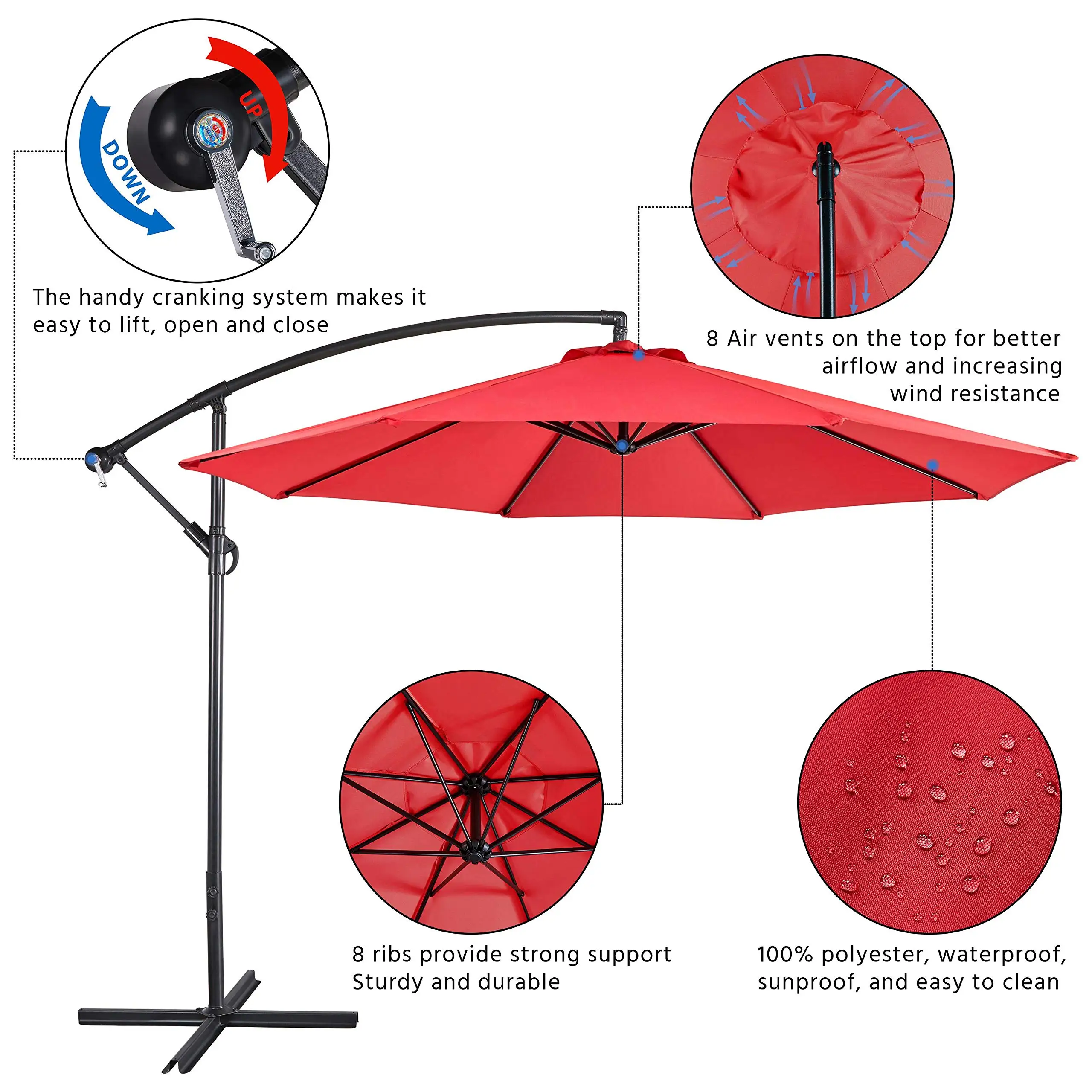 Simple Deluxe 10ft Adjustable Offset Umbrella Outdoor Market Cantilever Sun Umbrella 300cm Red for Garden Lawn backyard and Deck