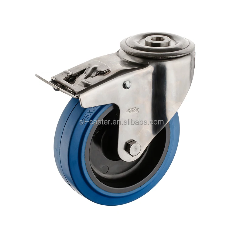 6.4 inch blue elastic rubber wheel castor stainless steel caster 160mm Heavy Duty Stainless Steel Castor rust-proof  caster