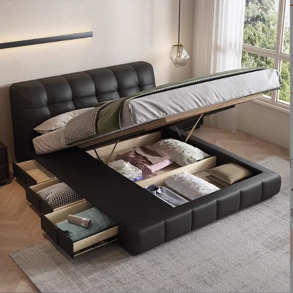Modern Black Leather Double Queen King  Size Upholstered Storage Platform 4 Drawer Bed king size bed luxury Italian leather bed