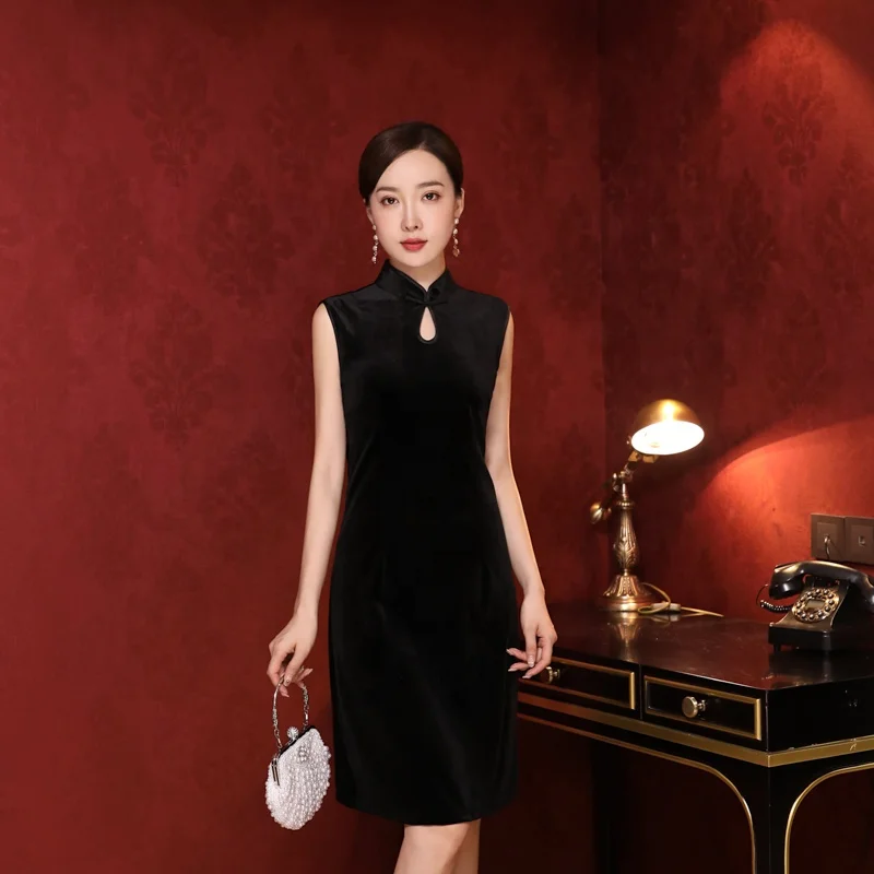 Китайская оптовая продажа, Современный Модный комплект из двух частей, Ципао, Элегантное зимнее Замшевое платье Qipao для женской гостевой вечеринки