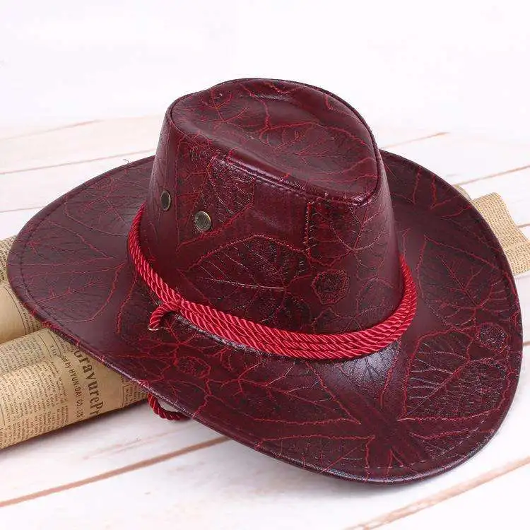 Hot Sale Bulk Cowboy Hats Men Adult Leather Print Ranger Panama Black Cowboy Hat Men