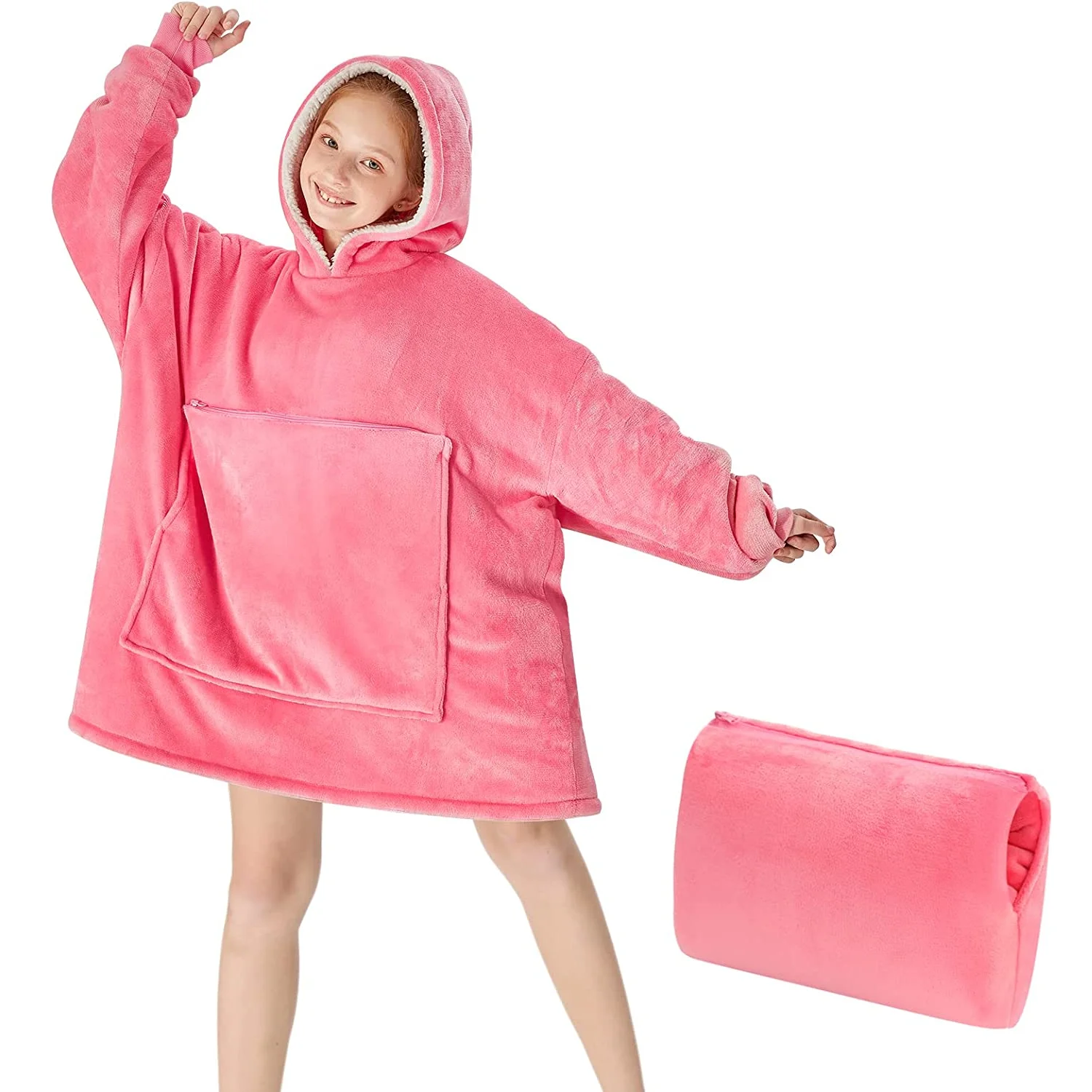 Wearable Blanket Sweatshirt Kids Oversized Blanket Hoodie with Sherpa for Kids Youth Portable Warm Travel Pillow