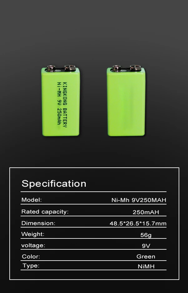 KingKong 250mah 9v ni-mh rechargeable battery