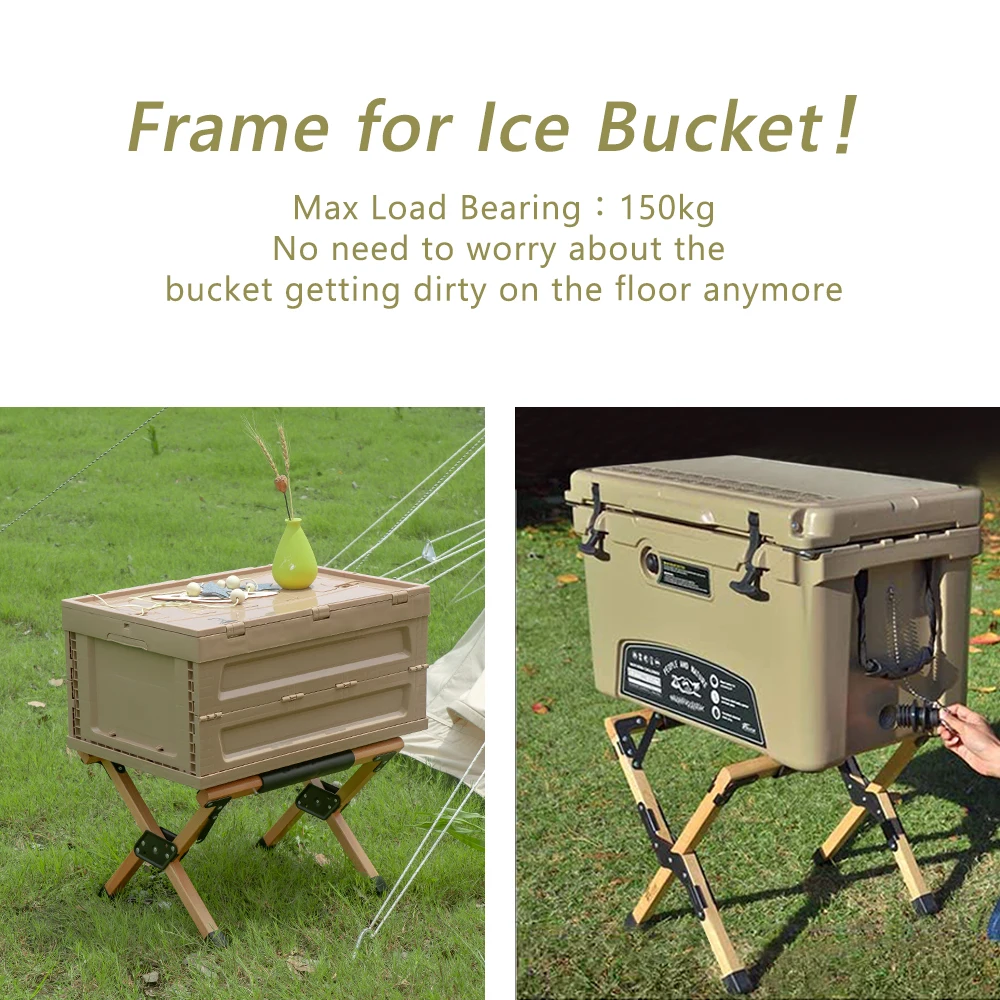 Popular Outdoor Wooden Ice Bucket Rack Storage Foldable and Portable Solid Wood frame for Camping