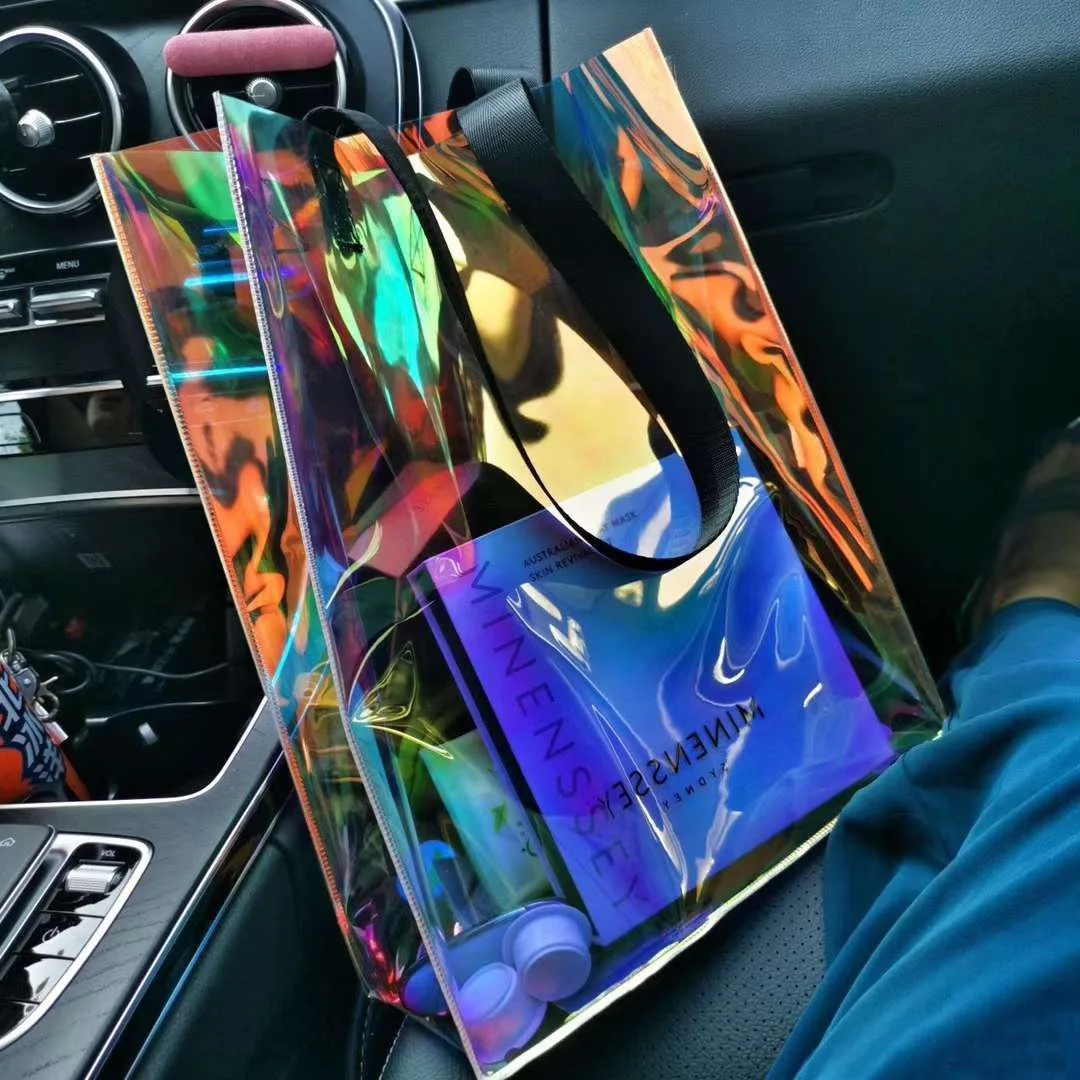 Factory Wholesale Iridescent Laser Tote Holographic Bag, Custom Logo Reusable Shopping Bag Rainbow Hologram Clear PVC Tote Bagit