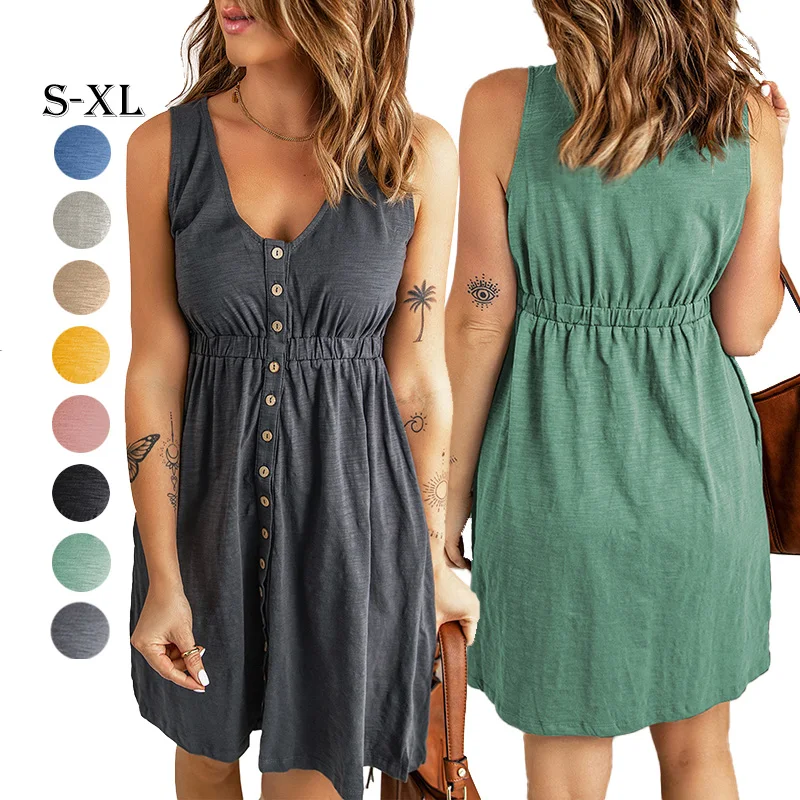 2022 Fashion Solid Ladies Buttons Sleeveless High Waist Casual Tank Women Mini Dresses Summer Dress