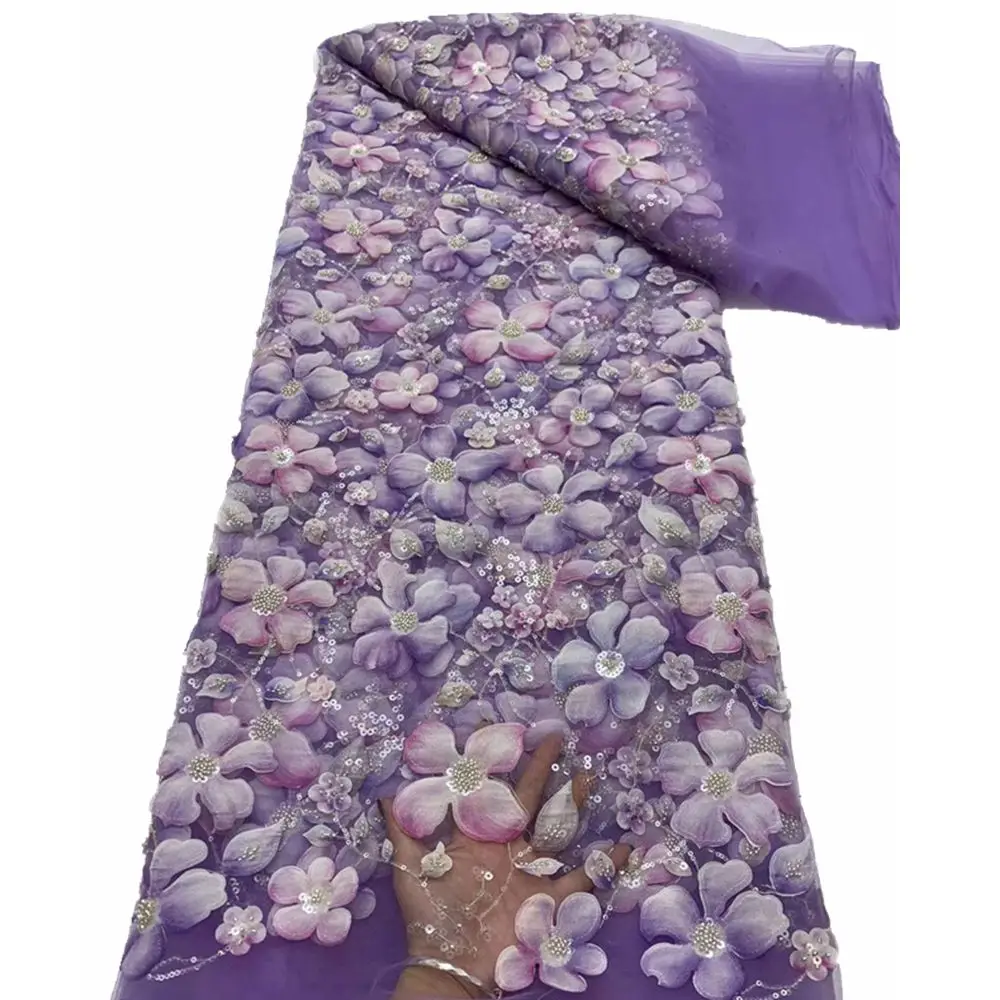 Elegant lilac color European celebrity custom evening dress tulle lace fabric 3D flower French embroidery sequin beaded  fabric