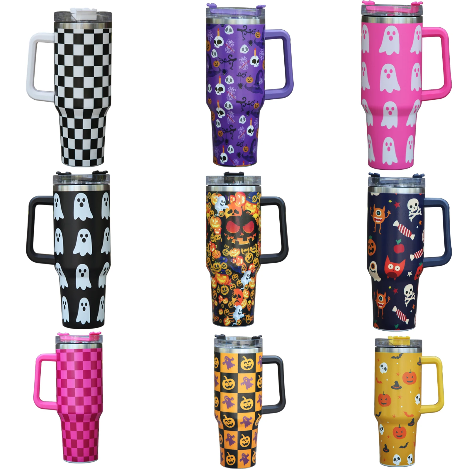 40oz 5d print pumpkins spooky skulls stainless steel  tumbler halloween cups with straw