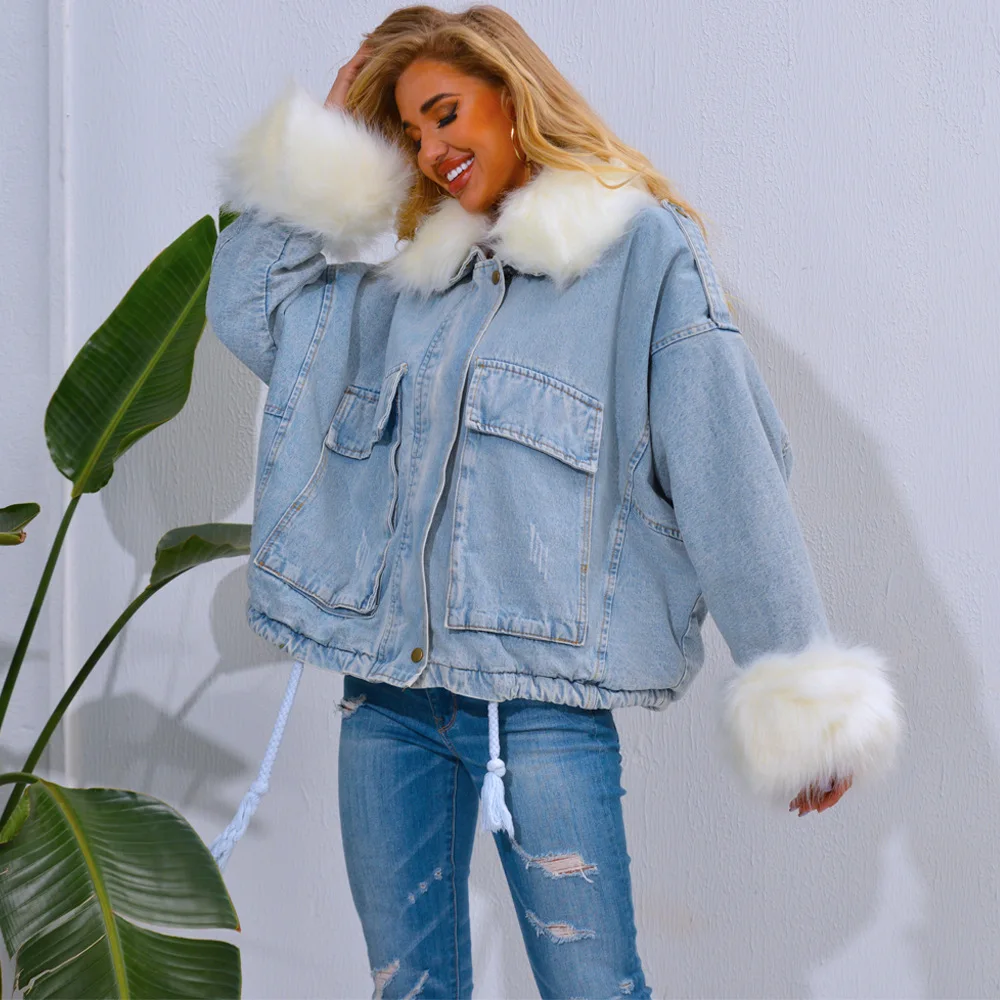 Hot Selling Jeans Fur Jacket Oversize Bat Sleeve Denim Women Parka Fur Removable Genuine Fox Fur Collar Parka