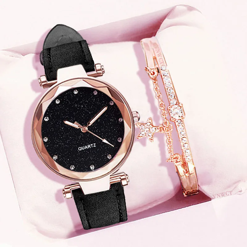 Women Romantic Starry Sky Watch Bracelet Pu Leather Rhinestone Designer Ladies Clock Bracelet Watches Set