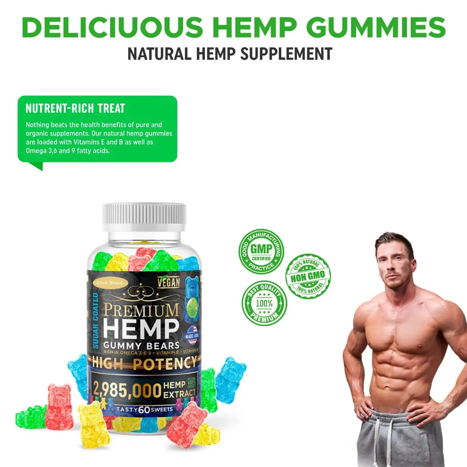 Hot Sale Fruity Gummy Bear Hemp Oil Gummies Sugar-Coated Natural Hemp Candy Supplements With Vitamins B E