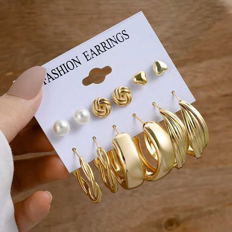 European and American cross-border 6-piece creative pearl studded diamond gold circle earring set