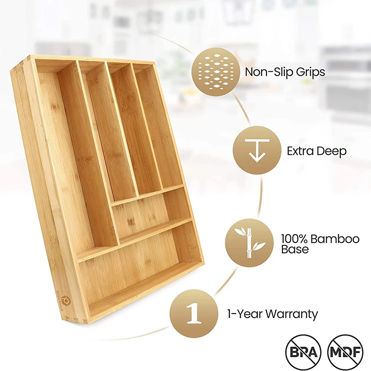 Clear 6 slots compact kitchen utensil silverware drawer storage bamboo cutlery tray organizer, bamboo silverware organizer