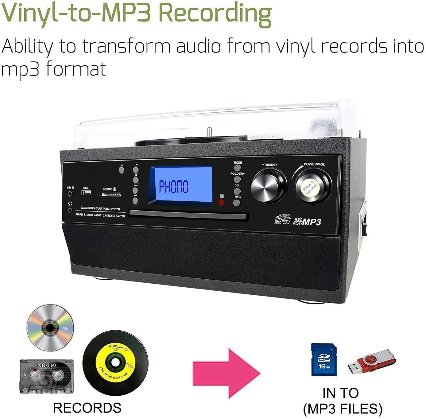 Twin CD Turntable with two Stereo Speakers, LP Vinyl to MP3 Converter with CD, Cassette, Radio, Aux in and USB/SD Encoding
