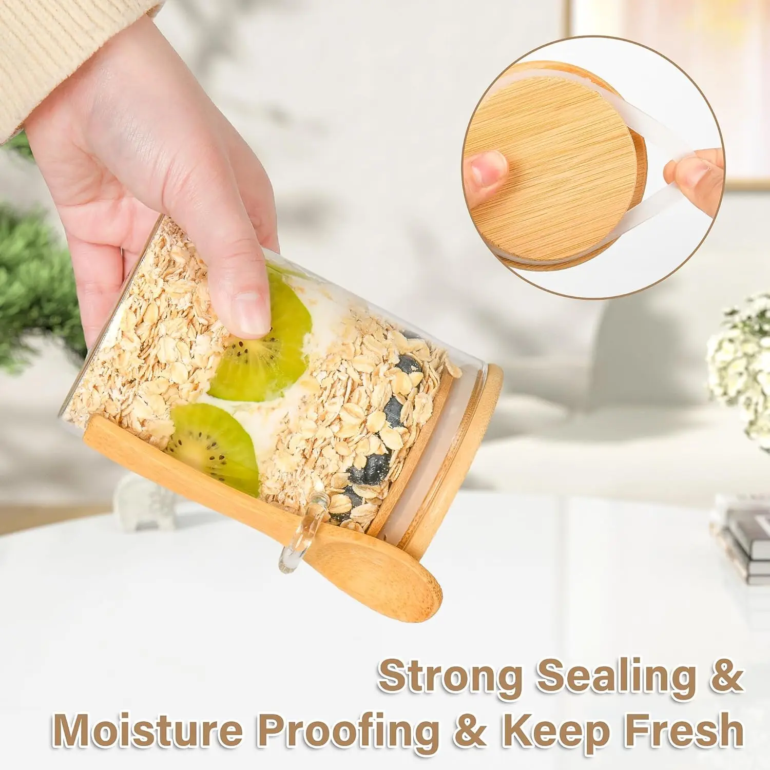 Wholesale Kitchen 18 Oz High Round Overnight Oats Containers Glass Jar with Wooden Lids Spoons for Chia Seed Pudding Yogurt