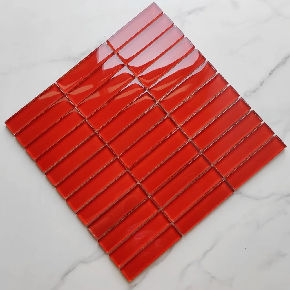 Top quality China red color Kitkat Strip shape crystal glass mosaic tile for backsplash kitchen wall