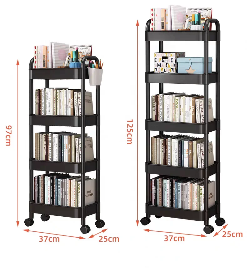 Plastic trolley Double armrest shelving floor to floor snack Kitchen bathroom Home Multi-layer removable trolley with wheel